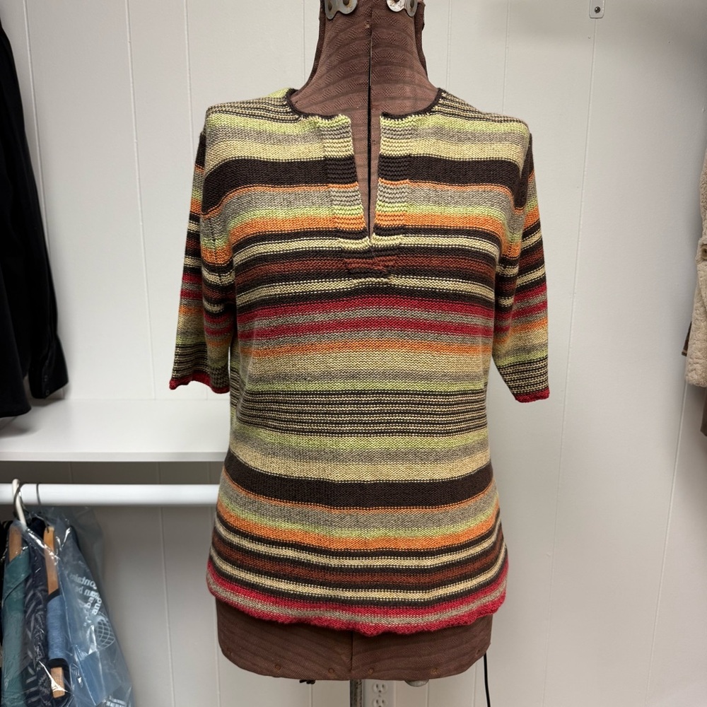 Pria Horizontal Striped V-Neck Cotton Blend Sweater Fall Colors Size Large
